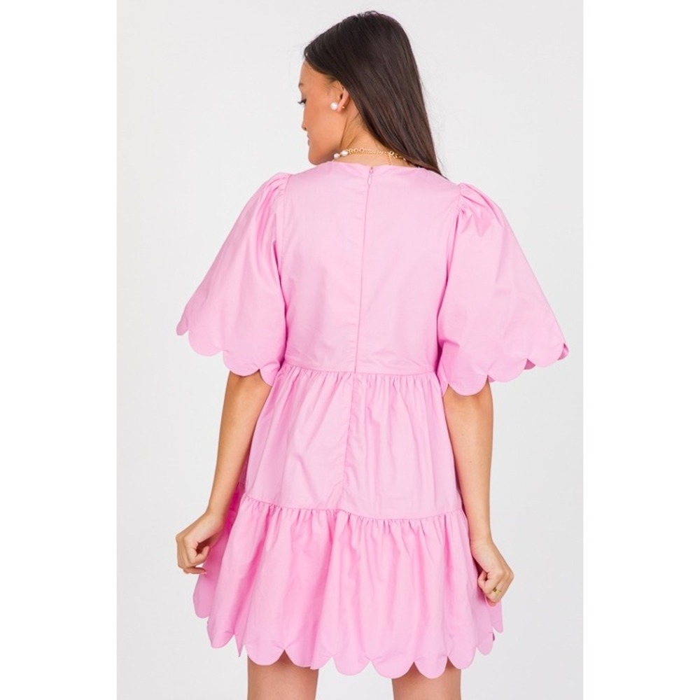 English Factory Pink Scalloped Tiered Mini Dress Small Puff Sleeve Preppy Cotton - Picture 7 of 12